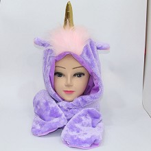 独角兽毛绒帽子暖手围巾三件套 紫色