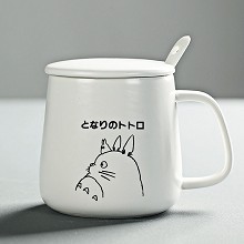 龙猫 带盖勺水杯 马克杯陶瓷杯 情侣杯 咖啡杯子 白色