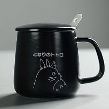 龙猫 带盖勺水杯 马克杯陶瓷杯 情侣杯 咖啡杯子 黑色