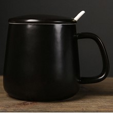 纯黑色 带盖勺水杯 马克杯陶瓷杯 情侣杯 咖啡杯子